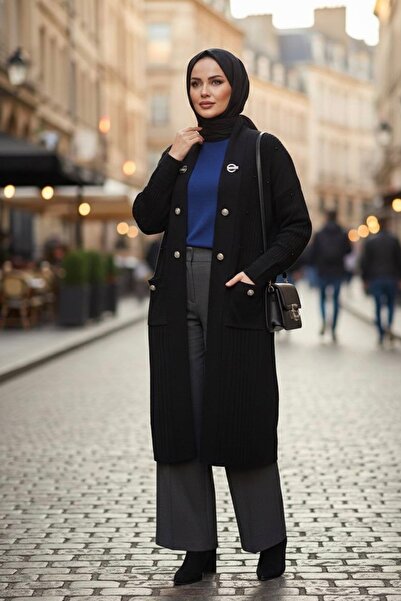 YusGos Women's Hijab Pocket and Collar Button Detailed Double Pocket Mother Cardigan