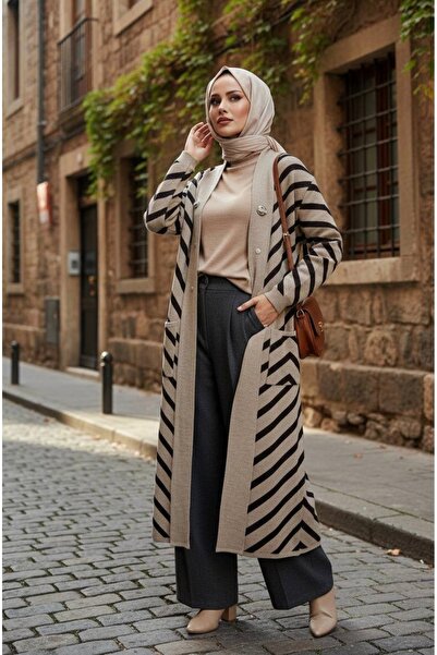 YusGos Women's Hijab Button Detailed Long Striped Cardigan Stone Standard