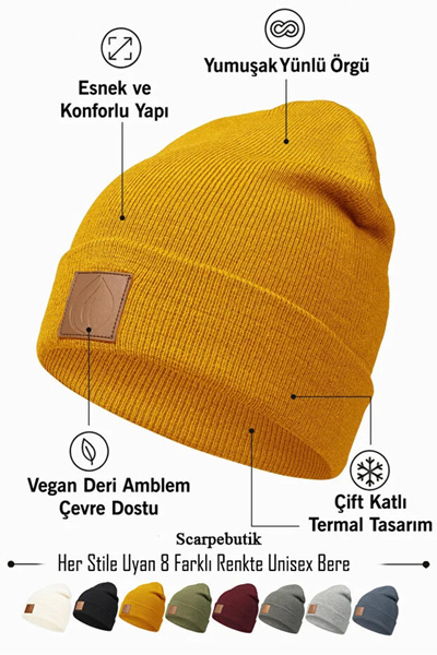 Scarpebutik Unisex Erkek Kadın Kışlık Deri Etiket Detaylı Yumuşak Hardal Yün Bere