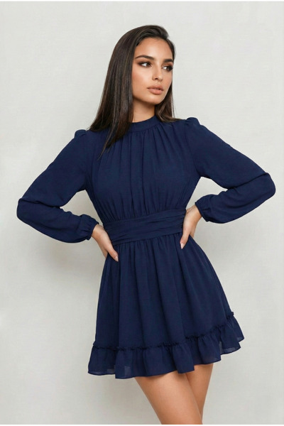 OLSAMODA KADIN ETEĞİ FIRFIRLI BÜZGÜ DETAYLI BALON KOL ASTAR.LI DÜĞÜN SÖZ DAVET BALO ELBİSESİ