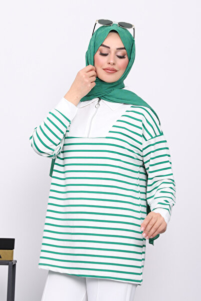 İmajButik Hanorac în dungi cu guler verde, cu fermoar, cu două fire