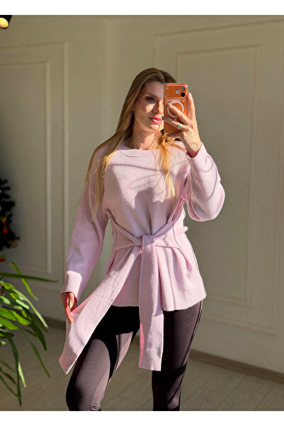 Store Crew Neck Belted Oversized Sweater