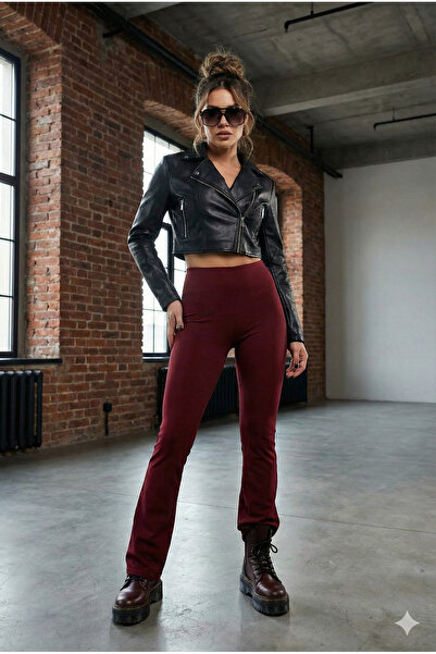 MADAMMERY بنطلون ضيق مرن باللون العنابي يبرز انحناءات الجسم مبطن بالصوف