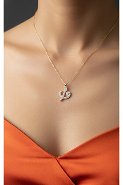 MODA 925 Ayar Gümüş Elif Vav Tasarım 14 Ayar Altın Kaplama Kadın Kolye