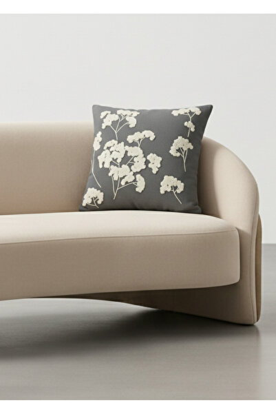 Destiva Home Buldan İşi Sakura Pattern Punch Embroidered Linen Look Throw Pillow Cover 43X43 cm