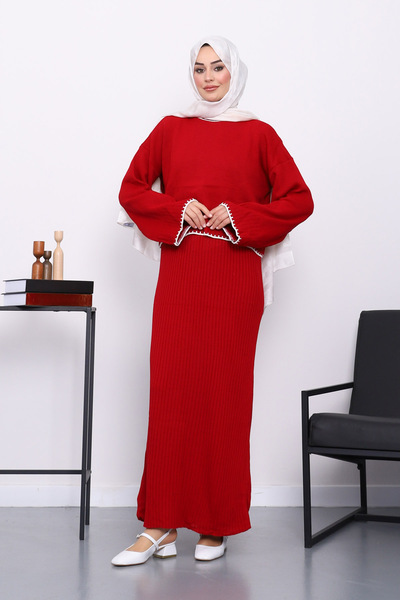 İmajButik بدلة مزدوجة مع فستان محبوك باللون العنابي