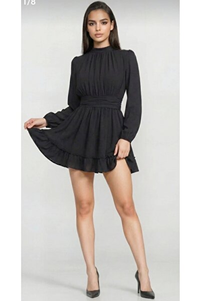 OLSAMODA KADIN ETEĞİ FIRFIRLI BÜZGÜ DETAYLI BALON KOL ASTARLI DÜĞÜN MEZUNİYET SÖZ DAVET BALO ELBİSESİ