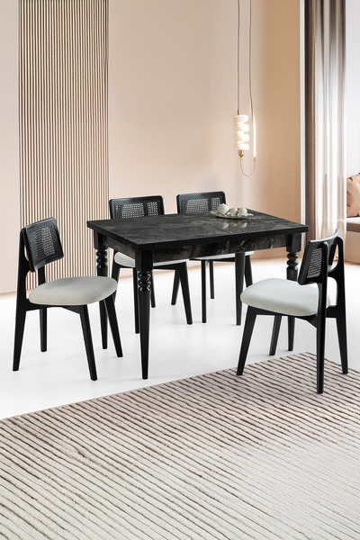 Sweet Home Masa Sandalye Yanlardan Açılır Smart Masa 4 Adet Kuzey Sandalye Siyah Takım