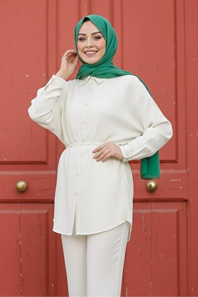 İmajButik Set tunică și pantaloni - crem, cu centură în talie