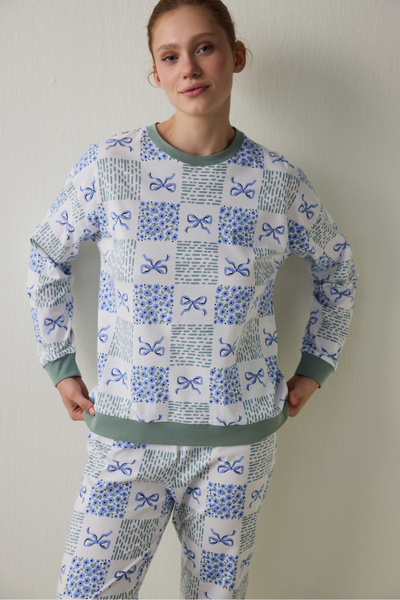 Penti Off-White Cute Bows Langarm-Pyjama-Set aus Baumwolle mit Rundhalsausschnitt