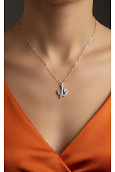 MODA 925 Ayar Gümüş Elif Vav Tasarım Zirkon Taşlı Kadın Gümüş Kolye