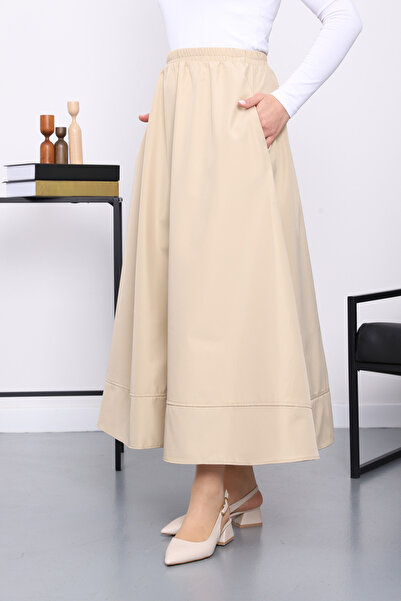 İmajButik Beige Pocketed Elastic Waist Flared Bondit Skirt