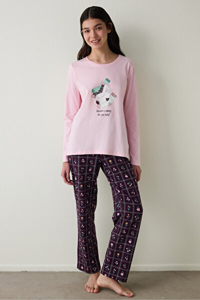 Penti Herbstliches Pyjama-Set aus Baumwolle mit Blumenmuster und langen Ärmeln