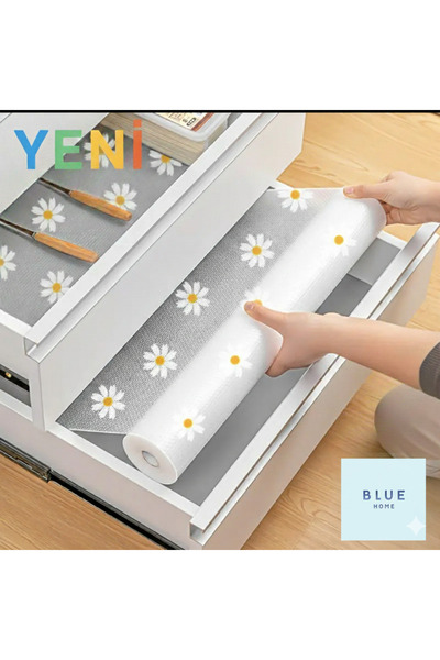 Blue Home Papatya Tasarımlı Kaymaz Raf Astarı Rulosu -Mutfak, Buzdolabı & Dolaplar Için Çekmece Matı, 45 X 10