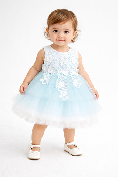 lumo bella kids Su Yeşili Tül Detaylı Kız Bebek Elbisesi 9-24 Ay