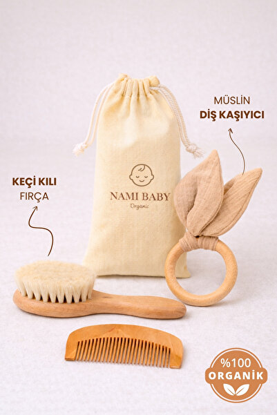 Nami Baby Keçi Kılı Bebek Saç Fırçası Seti | Diş Kaşıyıcılı 4’lü Bebek Bakım Seti - Keçi Kılı Fırça