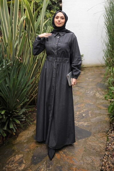 İmajButik فستان من الدنيم بأزرار وخصر مطاطي باللون الأسود