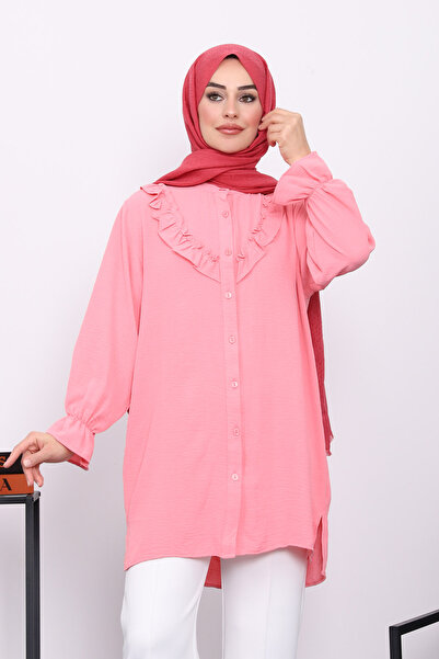 İmajButik Pink Ruffled Front Ayrobin Tunic