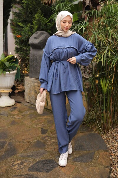 İmajButik بدلة مودال مع بنطلون تونيك برباط خصر من إنديجو