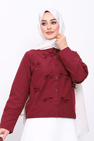 İmajButik Burgundy Bow Front Button Shirt