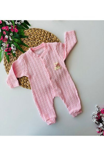minço bebe Baby Girl Knitted Jumpsuit 100% Cotton Bear Embroidered Snap Fastener Jumpsuit Without Booties