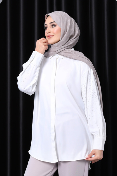 İmajButik Cămașă Ecru cu piatră în față