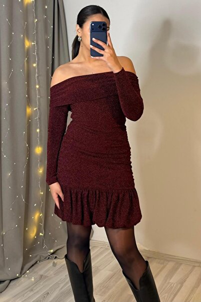 Güneş Kayık Yaka Volan Etekli Uzun Kollu Mini Elbise