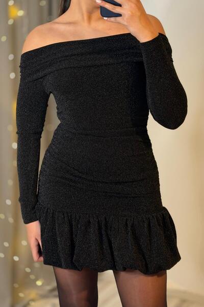 Güneş فستان قصير بأكمام طويلة وياقة قارب مع تنورة