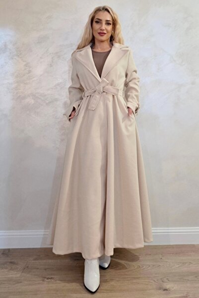 FashionForYou Long coat with Merina buttons, pleats and drawstring, Crem, Size S/M