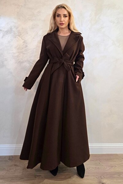 FashionForYou Long coat with Merina buttons, pleats and drawstring, Brown, Size S/M