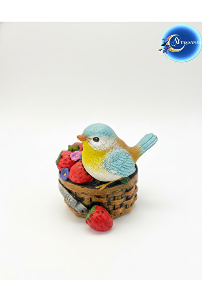 Ay Taş Sanat El Boyaması Dekoratif Çilek Sepetli Kuş Biblo