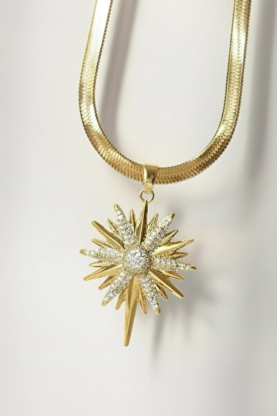 Tasarım Zirkon Taşlı Kuzey Yıldızı Çelik Kolye_İtalyan Zincir