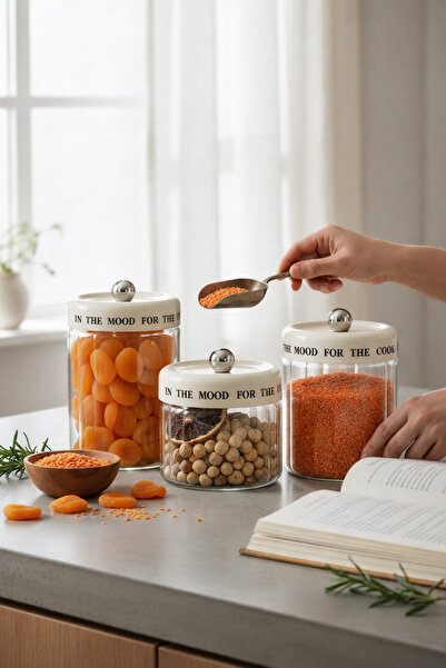 Paşabahçe Modern Tasarım 3'lü Cam Kavanoz Seti-Sızdırmaz Kapak Bakliyat Saklama Kabı (850ml+1100ml+1400ml)