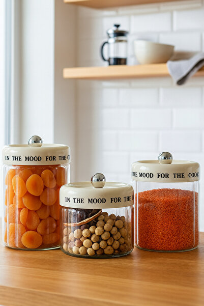 Paşabahçe 3'lü Modern Tasarımlı Krem Vakum Kapaklı Cam Kavanoz Saklama Kabı Sızdırmaz