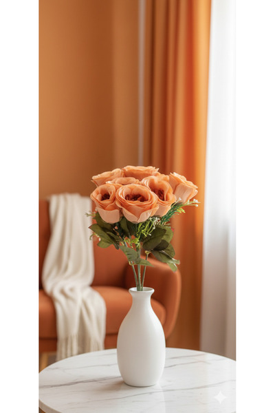 yapay çiçek evi Turuncu 35 Cm 7 Kafalı Yapay Gül Buketi Dekoratif ve Zarif Ar...