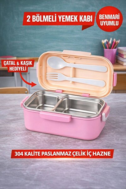 Open Home Concept Pembe Benmarili Paslanmaz Çelik Yemek Kabı 2 Bölmeli Beslen...