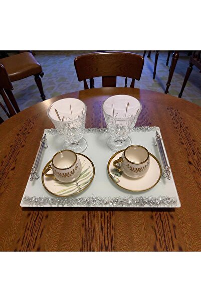 Online Home Market 1 قطعة صينية تقديم القهوة على شكل خاتم الوعد والخطوبة |   مقبض من الكروم المطلي بالفضة (33 سم × 23.5 سم)