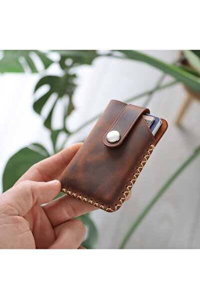 Derici Amca Çapraz Dikişli Çıtçıtlı Minimal Hakiki Dana Derisi El Yapımı Kartlık