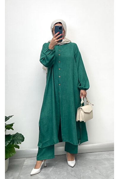 NİSUM MODA بدلة كتان بمظهر نصف زر