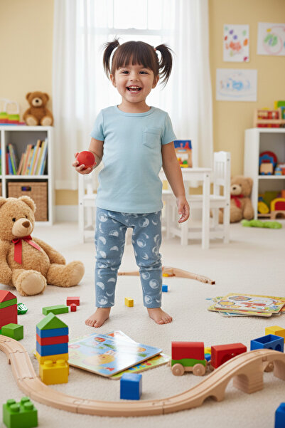 Fulla Moda Beli Lastikli Ay Baskılı Unisex Çocuk Polar Pijama Altı