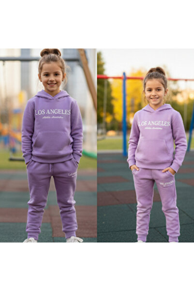 fancykidsantalya Girl's Hooded Piece Tracksuit Set Lilac – Printed , 100% Cot...