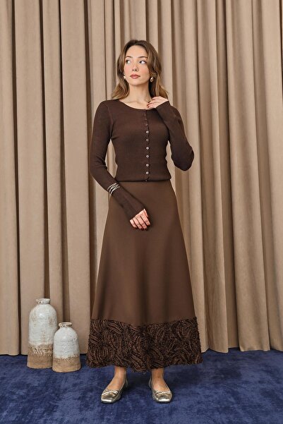 Puane Kadın Etek Ucu Dantelli Açılımlı Etek - 18267ETK - BROWN