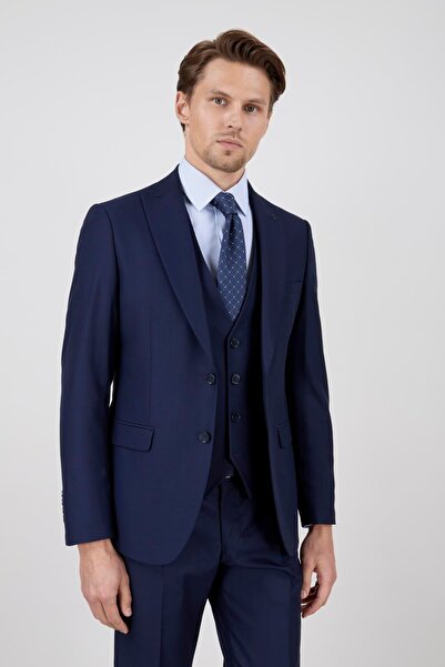 PR PACO ROMANO ART OF FASHİON Men's Slim Fit Pointed Collar Navy Blue Vest Suit