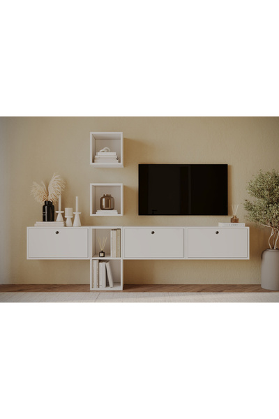 Nettrends Mimar Tasarım Duvara Monte TV Ünitesi | 3 Kapaklı Lüks Medya ve Sal...