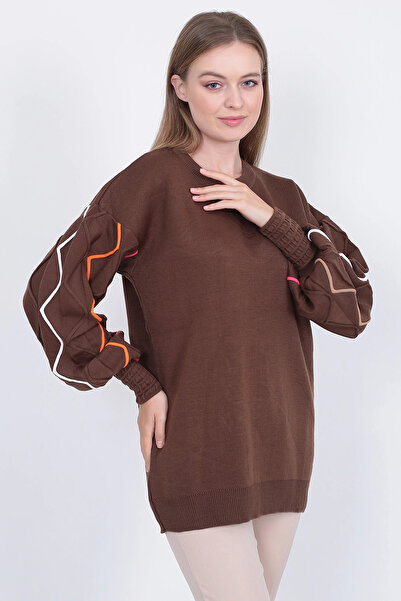 LUGMO Tricotaj de damă cu mâneci de pulover cu dungi maro