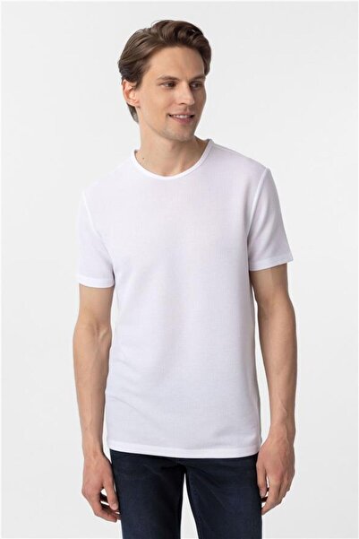 SÜVARİ Beyaz Slim Armürlü Bisiklet Yaka Tişört