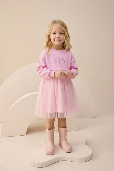 Minipodyum Fiyonk Nakış Detaylı Tüllü Kız Çocuk Elbise