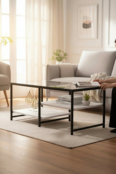 TOLIAHOME Modern Beyaz Siyah Renk 3 Katlı Metal İskeletli Şeffaf Temper Camlı...
