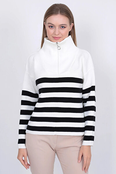 LUGMO سترة نسائية محبوكة مخططة كبيرة الحجم بسحاب إكرو-أسود