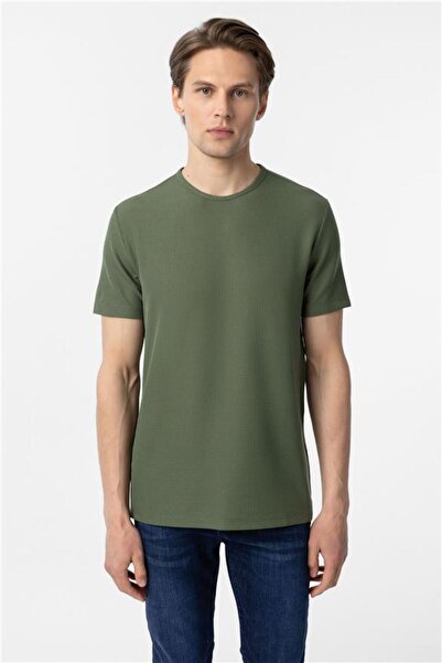 SÜVARİ Koyu Haki Slim Armürlü Bisiklet Yaka Tişört
